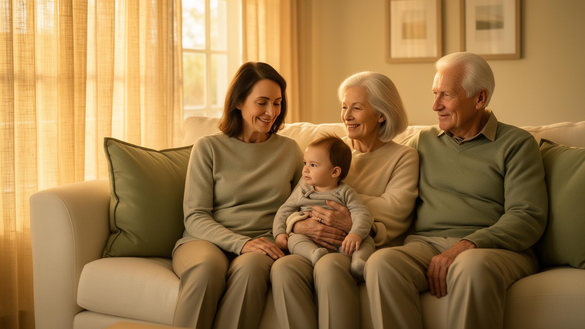 A multi-generational family relaxing together in a sunlit living room