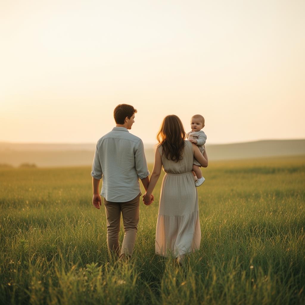A young family walking through a sunlit field at golden hour